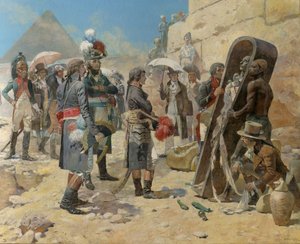 Bonaparte Napóleon a piramisok előtt egy király múmiáján elmélkedik Egyiptom vidékén