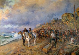Napóleon Bonaparte (1769-1821) első konzul meglátogatja Maurice Orange (1868-1916) Boulogne-i festményeinek arzenálját 1804 (Nap: 214x304 cm) Párizs, Musee de l