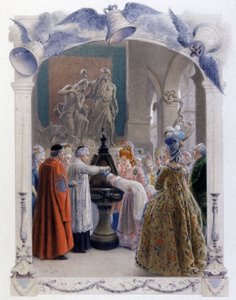 18. századi nemesi keresztelő jelenet, 1900 körül (illusztráció) alkotó: Maurice Leloir
