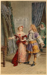 Scapin, Armande, Baron és Moliere (illusztráció) a színfalak mögött. alkotó: Maurice Leloir