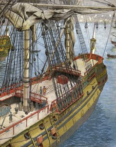 Algír városának bombázása és tűzgyújtása 1682-ben: Abraham Marquis Duquesne (1604 és 1610-88 között), a francia haditengerészet tisztje hajójáról nézi a galiotes bombák hatását. Kromatipográfiája a „Le Roy Soleil”-ben (XIV. Lajos), Gu alkotó: Maurice Leloir
