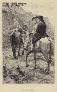 Jean-Jacques Rousseau és két fiatal nő lóháton utazik (mélynyomás) alkotó: Maurice Leloir