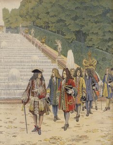 XIV. Lajos király és Sámuel Bernard Marlyban, látogatás a kertekben alkotó: Maurice Leloir