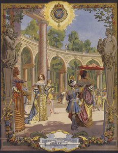 XIV. Lajos király látogatást tesz Versailles-ban, a Le Bosquet de la Colonnade-ban alkotó: Maurice Leloir
