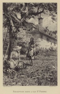 Rousseau fogadása az Ile St Pierre-ben (metszet) alkotó: Maurice Leloir