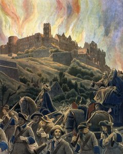 Ezechiel du Mas tábornok, Melac grófja (1630-1704) francia erői bombázták a heidelbergi vár tüzét az Augsburgi Liga 1689-es és 1693-as háborúja során. Kromatipográfiája a „” Le Roy Soleil”-ben” (Louis XIV) Gustave Toutwelve, Illu alkotó: Maurice Leloir