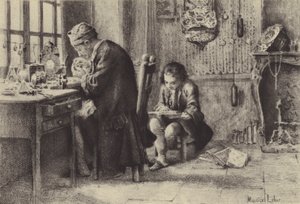 A fiatal Jean-Jacques Rousseau olvas, miközben apja dolgozik (mélynyomás) alkotó: Maurice Leloir
