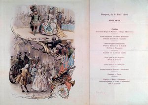 Esküvői menü Maurice Leloir (1851-1940) kosztümös bálokkal és galantes jelenetekkel, 1900.06.04. alkotó: Maurice Leloir