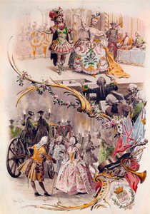 Esküvői menü Maurice Leloir (1851-1940) kosztümös bálokkal és galantes jelenetekkel, 1900.06.04. alkotó: Maurice Leloir