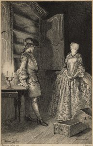 a Vol felfedezése - Prevost abbé (1697-1763), francia író „Manon Lescaut és a Chevalier Des Grieux története” című művében. Metszet Maurice Leloir rajzai alapján (1885). alkotó: Maurice Leloir