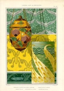 Szecessziós dísztárgyak pávával, pillangókkal és galambokkal (litográfia) alkotó: Maurice Pillard Verneuil