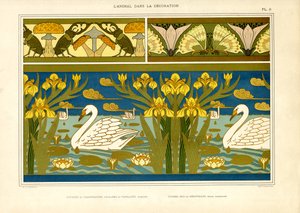 Dekoratív szegélyek hattyúkkal, rovarokkal és íriszekkel (litográfia) alkotó: Maurice Pillard Verneuil