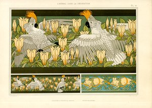 Dekoratív frízek kakadukkal, magnóliákkal és egerekkel (litográfia) alkotó: Maurice Pillard Verneuil