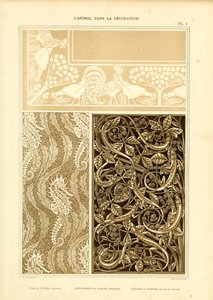 Háromrészes állatos díszítés kakas, csikóhal és gyík (litográfia) alkotó: Maurice Pillard Verneuil