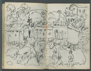 Vázlatfüzet, The Dells, 127. szám, 146. és 147. oldal: Tájkép figurákkal és épületekkel. alkotó: Maurice Prendergast