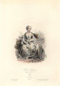 Jeanne-Antoinette Poisson, Madame de Pompadour (1721-1764) XV. Lajos király fő szeretője volt. Polidor Pauquet kézzel színezett acélmetszete Maurice Quentin de La Tour (1748-55) után a Pauquet testvérek "Modes et Costumes Historique" (Történelmi öltözékek  alkotó: Maurice Quentin de la (after) Tour