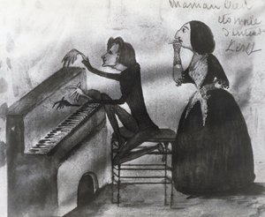 Liszt Ferenc (1811-1886) és George Sand (1804-1876) karikatúrája Nohantban 1832-ben, Maurice Sand (1825-1889) rajza