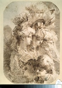 Nyolc fej tanulmányozása. (Tanulmányok nyolc fejről). Mauro Gandolfi (1764-1834) rajza. olasz művészet. Ceruza és barna indiai tinta papíron. Puskin Múzeum, Moszkva