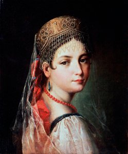 Fiatal nő portréja Sarafanban és Kokoshnikban, 1820-as évek.