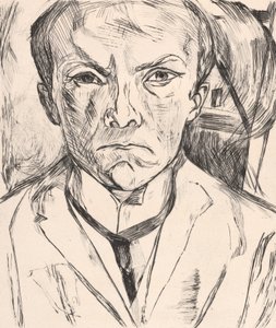Szemből ábrázolt önarckép, háttérben házoromzattal alkotó: Max Beckmann