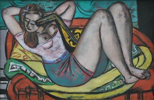 Mandolinos nő sárgában és vörösben alkotó: Max Beckmann