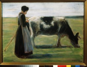 ""Egy fiatal lány tehénnel"" (Lány tehénnel) Max Liebermann (1847-1935) pasztellfestménye Puskin Múzeum, Moszkva alkotó: Max Liebermann