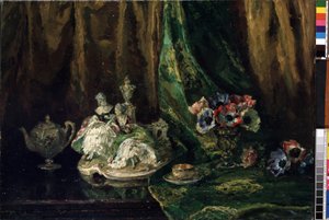 "Csendélet porcelánnal és virágokkal" (Csendélet porcelánnal és virágokkal) Max Muller festménye (1871-1938) (ec. all.) Olaj, vászon. Mikalojus Konstantinas Ciurlionis Szépművészeti Múzeum, Kaunas, Litvánia alkotó: Max Müller