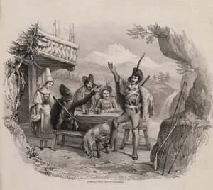 Vadászok a hegyekben italoznak egy kocsmában (metszet)