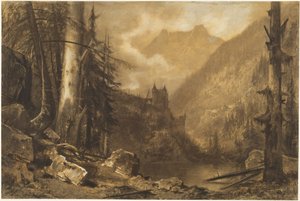 Alpesi kastély egy erdős tó felett, 1870 körül (szén, papír)