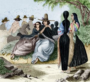 Nők Limából Peruban, metszet Radguet limai utazásáról az 1840-es években, színes dokumentum