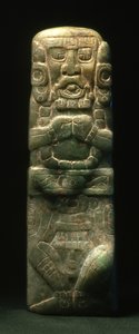 A Hieroglif lépcsőn lefelé dedikált szobor, Copan, késői klasszikus korszak (600-900) (jáde)