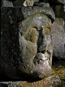 Férfifej kőszobra a keleti akropoliszról alkotó: Mayan