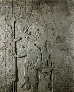Maja művészet: panel n. 1. ábra El Cayo maja lelőhelyéről (600 és 800 között), amely egy hieroglifákkal körülvett karaktert képvisel csillagászati számításokra hivatkozva. Magángyűjtemény alkotó: Mayan Mayan