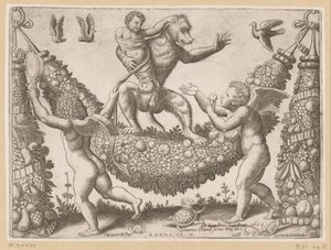 Putti egy majmot gúnyol A pápa kárpitjai (sorozat címe) Tapezzerie de Papa (sorozat címe az objektumon)