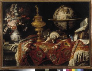 Virágváza, asztrálgömb, könyvek és aranymű a szőnyegen. Meiffren Conte (vagy gróf) festménye (1630-1705) Kötelező említés: Collection fondation regards de Provence, Marseille (cm 92x121) alkotó: Meiffren (c.1630 1705) Conte
