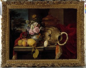 Csendélet csokorral, gyümölccsel, vázával és piros szövettel (olaj, vászon) alkotó: Meiffren (c.1630 1705) Conte
