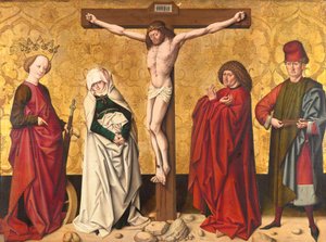 Krisztus a kereszten Szent között. Mary és John, Catherine és Sebastian alkotó: Meister von Großgmain