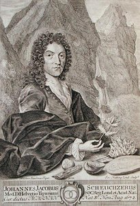 Johann Jacob Scheuchzeri portréja, Scheuchzeri "Itinera Alpina" című művének címlapja, Joseph Nutting (1660-1722 körül) metszete, megjelent 1706-ban (metszet). alkotó: Melchior Fusslinus (after) Tigur