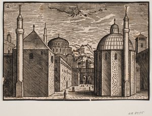 3 mecset, mindegyikben 1 minaret; az égen egy hosszú farkú repülő sárkány alkotó: Melchior Lorck