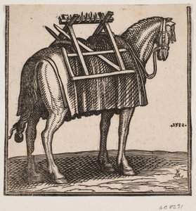 Terheletlen teherhordó ló hátán hordozóval, hátulról ferdén nézve h felé. alkotó: Melchior Lorck