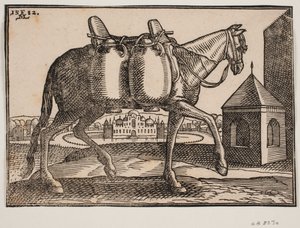 Ló, profil h; látható oldalán két kerámia edény lóg; a ló előtt négyszögletes, hegyes tetejű kút, a ló mögött csúcsos, kupolás kastély, körülötte kör alakú, vízzel teli sír. alkotó: Melchior Lorck