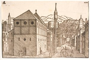 Mecset szabadon álló minarettel, külső lépcsővel alkotó: Melchior Lorck
