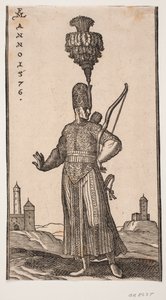 Álló katona, elölnézet, h.-ra fordított fej; karján íjat, hátán tegezt, oldalán kardot hord; jobb karját kacéran nyújtja hátra; hátul azaz és t.v. két erődszerű épület alkotó: Melchior Lorck