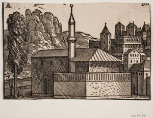 Azonosítatlan mecset 1 minarettel, t.v. magas fa alkotó: Melchior Lorck
