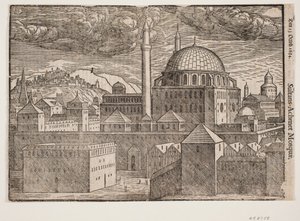 Azonosítatlan mecset 2 minarettel, délkelet felől nézve; tévé. hegy megerősített várossal alkotó: Melchior Lorck