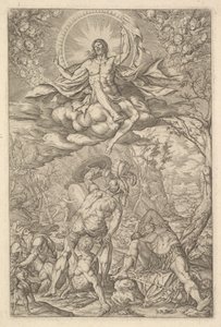 Krisztus feltámadása aureolával és felhőkkel körülvéve, szárnyas putti vonalakkal..., 1577.