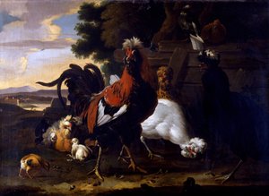 Kakas, tyúkok és csibék a kerítés mellett, erdős tájon alkotó: Melchior de Hondecoeter