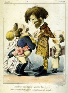Karikatúra Giuseppe Verdiről és III. Napóleonról a Don Carlos című opera után Párizsban 1867-ben. Melchiorre Delfico karikatúrája. Privee Milan kollekció