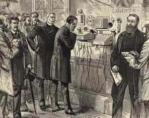 Az angol-angol telefonvonal megnyitása. Az első London és Párizs közötti telefonbeszélgetés a londoni Általános Postahivatalban. A londoni oldalon Bell-műszereket használtak. Párizs, 1891. március 28., fametszet. Metszet. alkotó: Melton (after) Prior