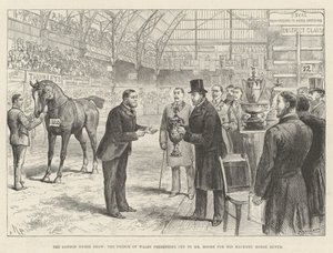 A London Horse Show, a walesi herceg kupát ajándékoz Mr. Moore-nak a Hackney Horse Rufusért alkotó: Melton Prior